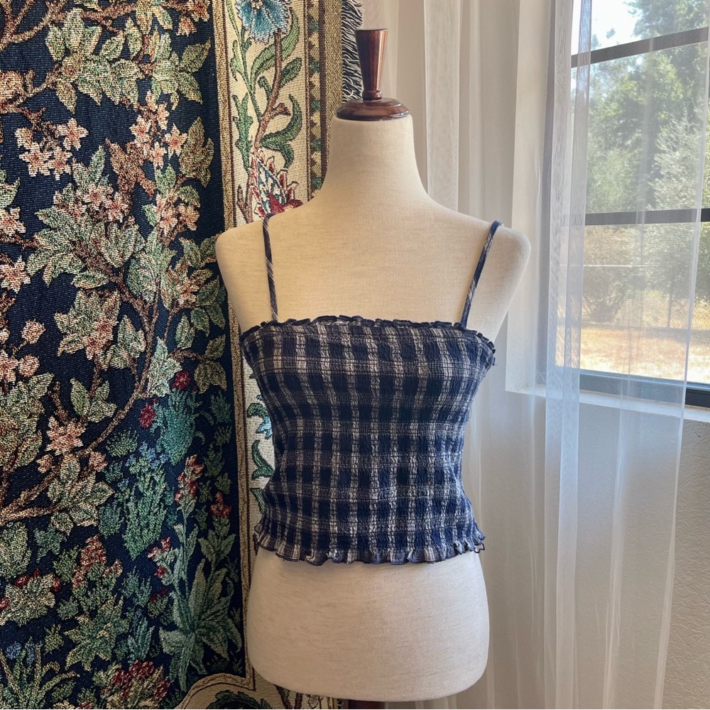 Tartan Plaid Shirring Spaghetti Strap Crop Top Dark Navy Blue x White Ivy & Main